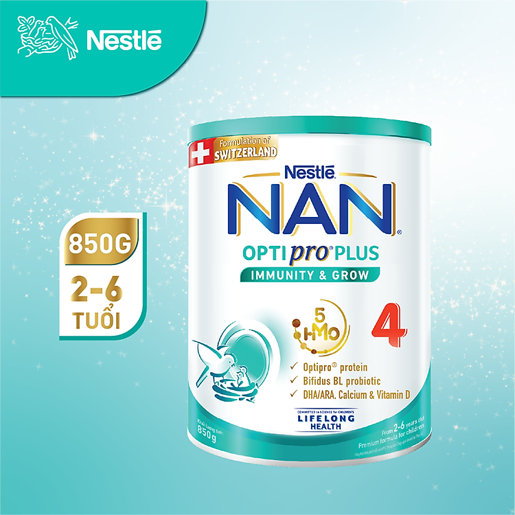 Sữa bột Nestlé NAN OPTIPRO PLUS 4 850g/lon với 5HMO Giúp tiêu hóa tốt + Tăng cường đề kháng (2 - 6 tuổi)