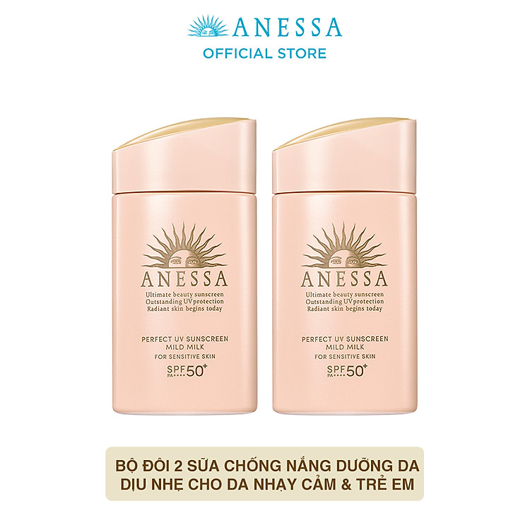 Bộ đôi Kem chống nắng dạng sữa dịu nhẹ cho da nhạy cảm và trẻ em (Anessa Mild Milk 60ml x2)