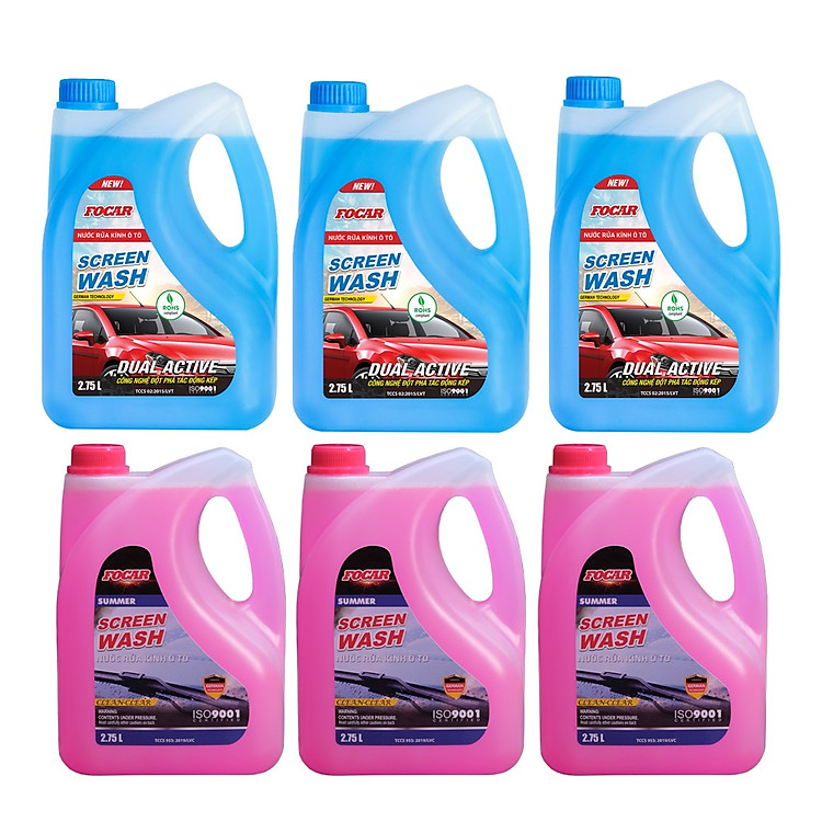 Thùng 3 can nước rửa kính FOCAR Screen Wash 2.75L (Xanh) + 3 can nước rửa kính FOCAR SUMMER 2.75L (Hồng)