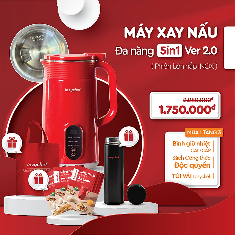 Máy Làm Sữa Hạt 5in1 Lazychef - Lô Mới 6 Lưỡi Dao Kép - Máy Xay Sinh Tố, Máy Làm Sữa Hạt - Dung Tích 800ml, Bảo Hành 12