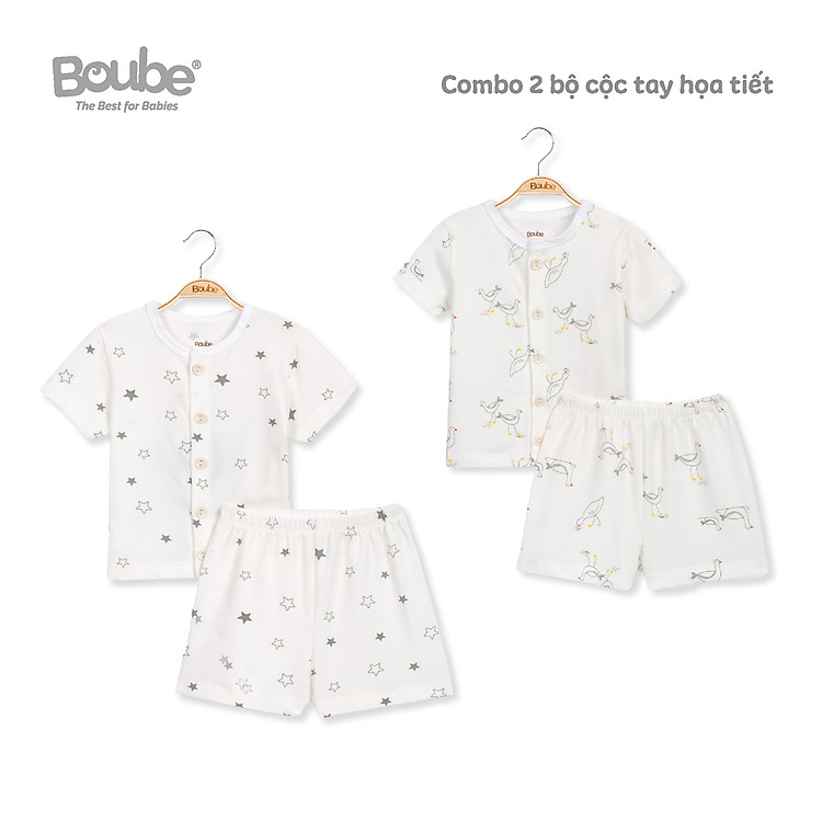 Combo 2 bộ cộc tay họa tiết xinh xắn cho trẻ sơ sinh và trẻ nhỏ Boube, chất vải petit mềm mịn, thoáng mát - Size 0-24M