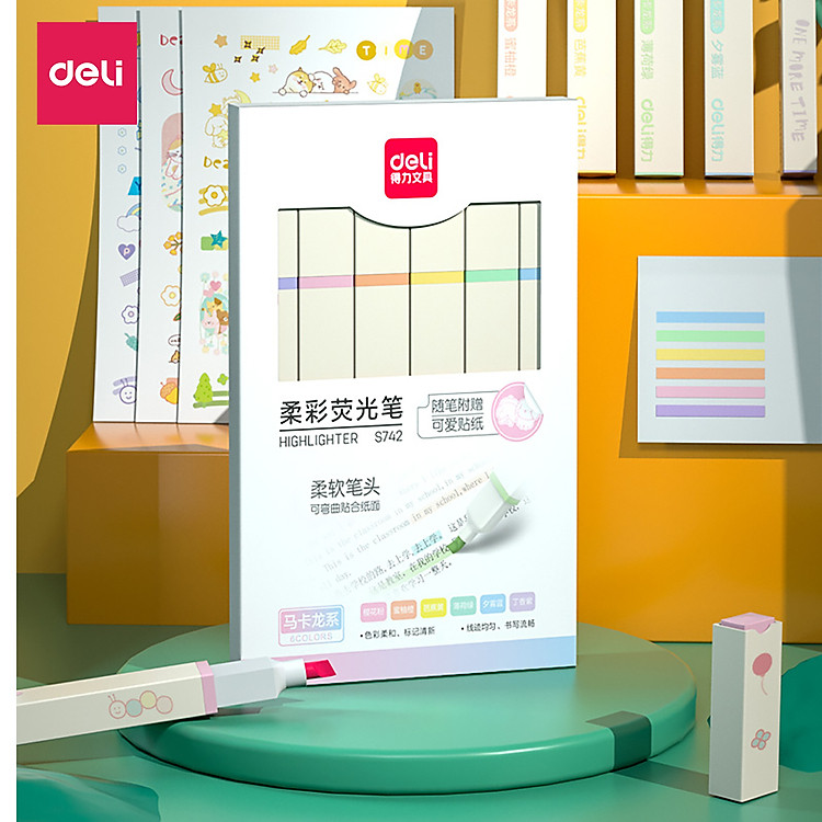 Bút Highlight Nhấn Dòng Macaron Deli (Hộp 6 chiếc) - Ảnh 3