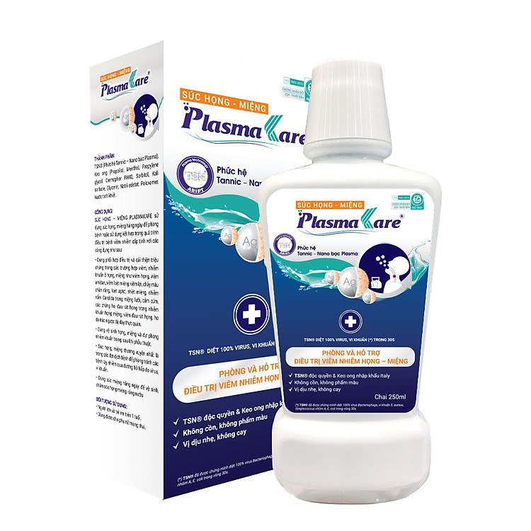 Nước súc họng miệng nano bạc PlasmaKare giảm rát họng, dịu cơn ho, phòng tái phát VlÊM họng chai 250ml