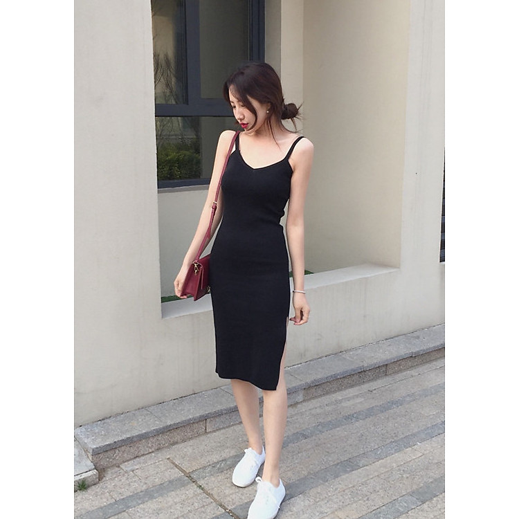 Váy Ngắn Hai Dây Xẻ Bên, Chất Thun Gân Co giãn, Freesize