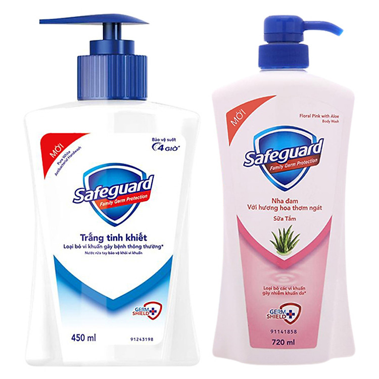 Combo Sữa Tắm Kháng Khuẩn Safeguard Hương Nha Đam (720ml) + Sữa Rửa Tay Kháng Khuẩn Hand Soap Pure White (450ml)
