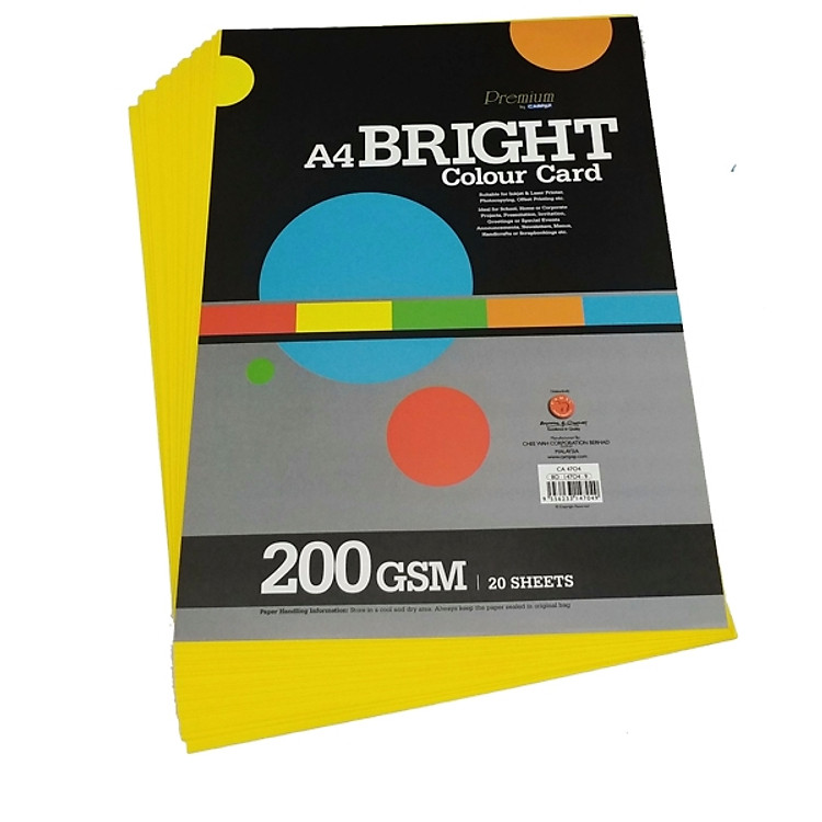 Giấy Bìa Màu A4 CAMPAP CA4704 - Định Lượng 200gsm (20 Tờ/Xấp) - Màu Vàng