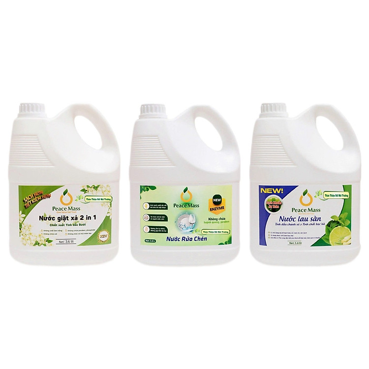 Combo Sản Phẩm Peace Mass - Nước Giặt Xả 2 in 1 3.6l+ Nước Rửa Chén 3.6l + Nước Lau Sàn TD Chanh Sả - Bạc Hà 3.6l