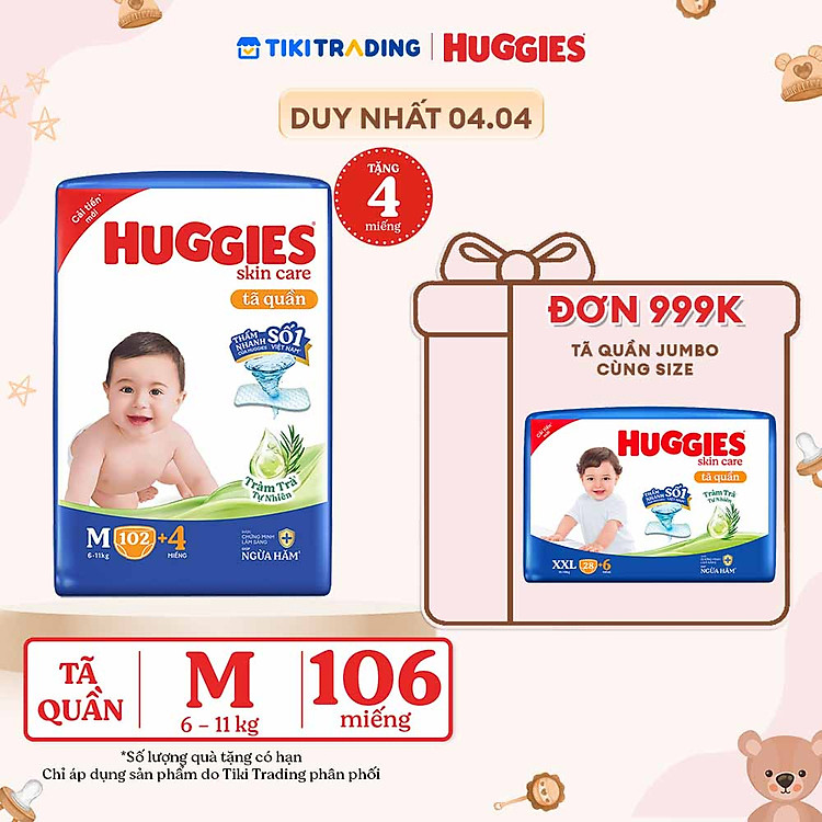Tã/bỉm quần Huggies Skin Care Mega Jumbo M102+4 miếng với tràm trà dịu da