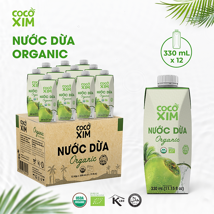 Thùng 12 Hộp Nước dừa đóng hộp Cocoxim Organic dung tích 330ml/Hộp