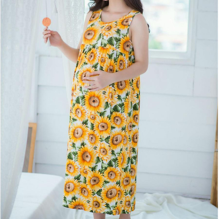 Đầm bầu maxi sát nách họa tiết hoa Emum