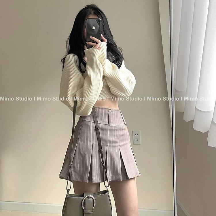 Set áo len - croptop - váy kẻ ( bán tách set)