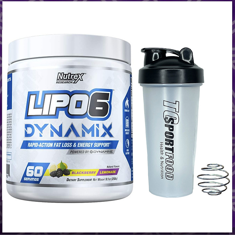 Combo Pre-Workout Lipo 6 Dynamix của Nutrex hương Blackberry Lemonade hộp 60 lần dùng hỗ trợ Tăng Sức Bền, Sức Mạnh, Đốt Mỡ, Giảm Cân mạnh mẽ cho người tập GYM & Bình lắc 600ml (Mẫu ngẫu nhiên)