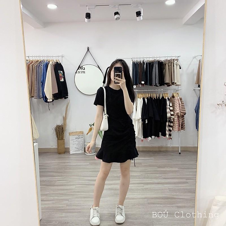 Đầm body đen dây rút 1 bên nữ