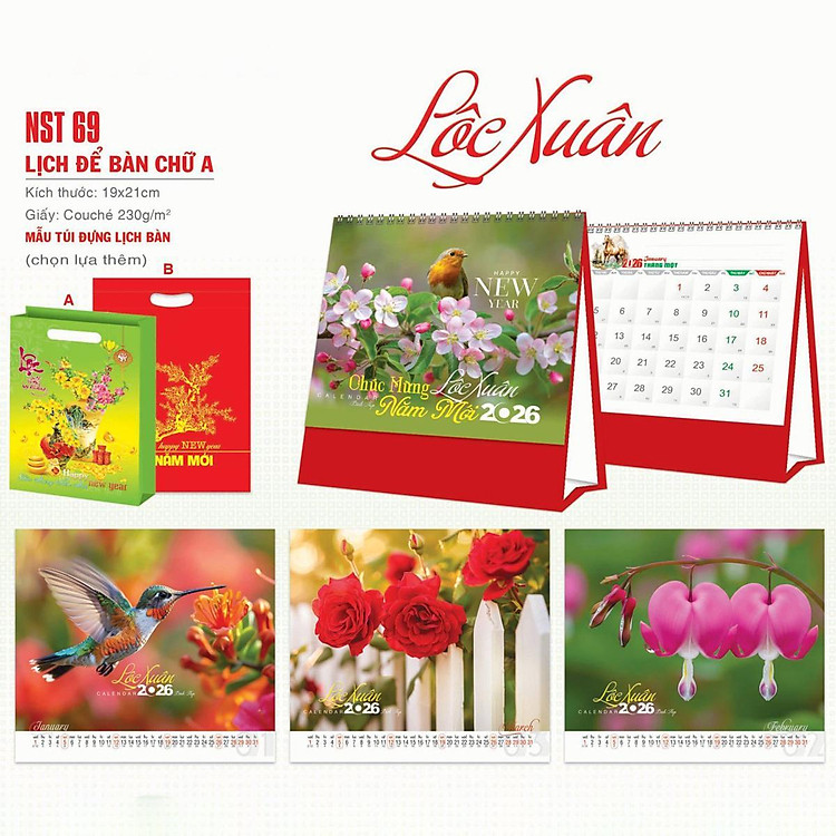 Lịch Thời Đại 2026 - NST69 Lịch Bàn Chữ A Lộc Xuân 19x21
