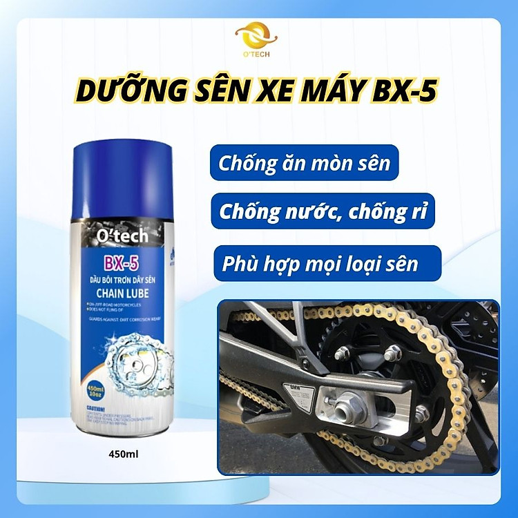 Dưỡng Sên Xe Máy - Bôi Trơn Chi Tiết Cơ Khí - Vệ Sinh Nhông Xích Xe Đạp O'tech BX-5 450ml Chính Hãng