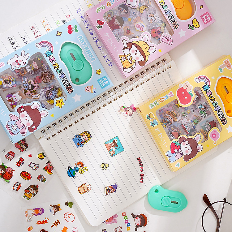 Hộp sticker 8 tấm trong suốt kèm dao tiện ích - Ảnh 5