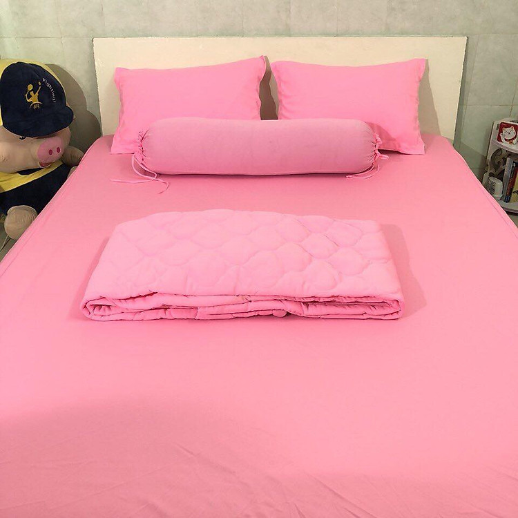 bộ ga drap thun lạnh Hàn Quốc cao cấp 4 món màu hồng baby