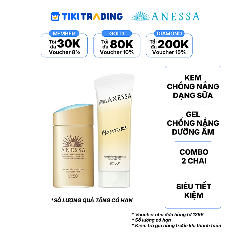 Bộ đôi Kem chống nắng dạng sữa dưỡng da bảo vệ hoàn hảo Anessa Perfect UV Skincare Milk SPF 50+ PA++++ 60ml và Gel chống nắng dưỡng ẩm Anessa Perfect UV Sunscreen Skincare Gel NB SPF50+ PA++++ 90g