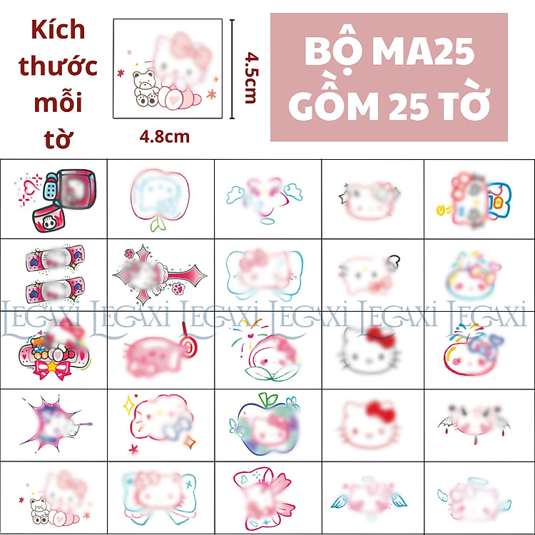 Set 25 Hình Xăm Dán Tạm Thời Cute Chống Thấm Nước Hình Mèo Hoa Nơ, Táo, Ngôi Sao Kẹo, Pháo Hoa