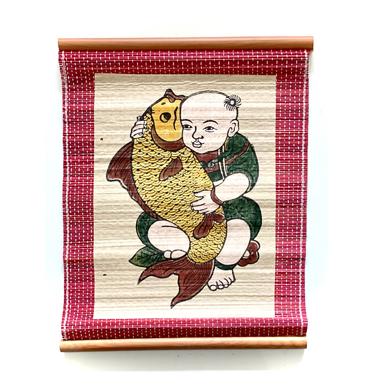 Em bé ôm cá chép - Tranh Đông Hồ dán mành