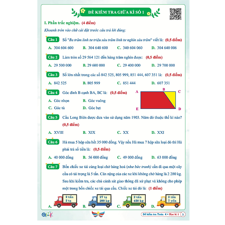 Đề Kiểm Tra Toán Lớp 4 - Học Kì 1 - Ảnh 3