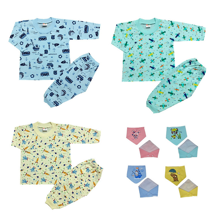 Combo 3 Bộ Quần Áo Trẻ Em Tay Dài Họa Tiết ( tặng kèm 1 yếm tam giác Thái Hà Thịnh)