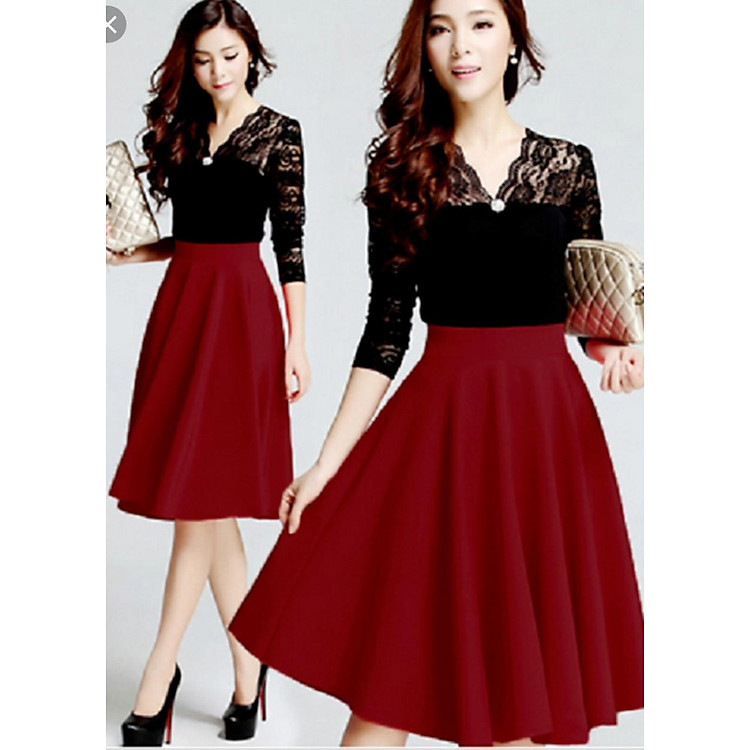 Chân váy xòe qua gối đẹp màu đỏ đô