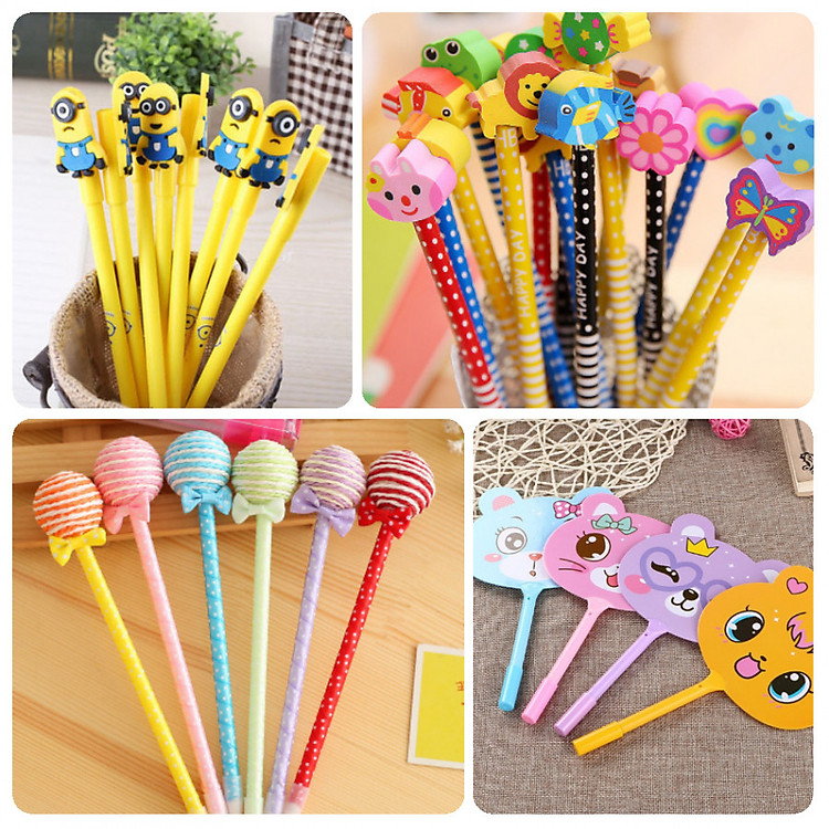 Set Quà Tặng 4 Bút Bi 1 Bút Chì Màu Vàng Hình Quạt, Hình Hoạt Hình, Hình Cục Xốp Tròn Ngộ Nghĩnh