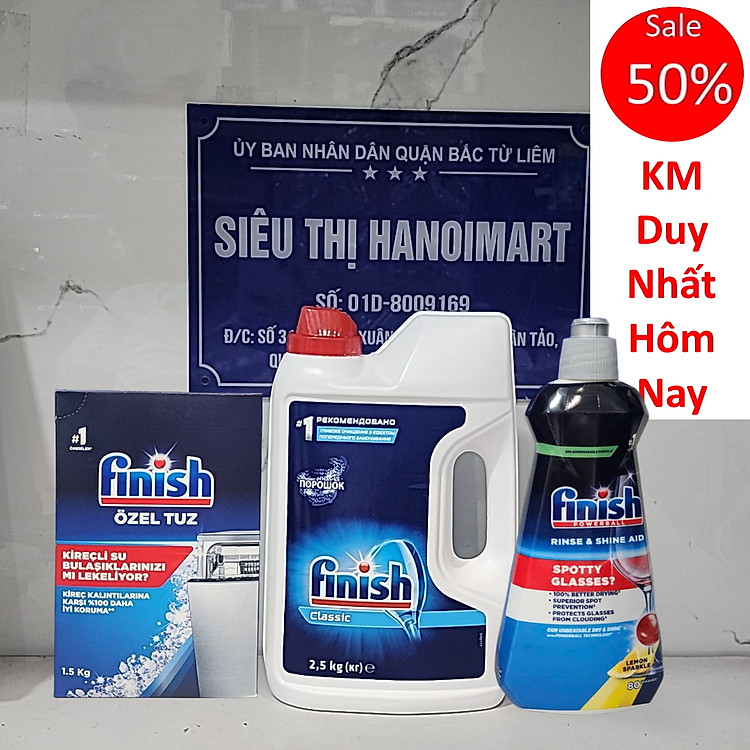 Combo Muối rửa bát Finish 1.5kg+ Bột rửa bát Finish 2.5kg+ Bóng finish 400ml (NK EU )