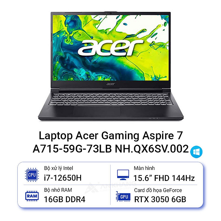 Laptop Acer Aspire 7 A715-59G-73LB NH.QX6SV.002 (Intel Core i7-12650H | RTX 3050 6GB | 15.6 inch FHD IPS 144Hz | 16GB | 512GB | Win 11 | Đen) - HÀNG CHÍNH HÃNG