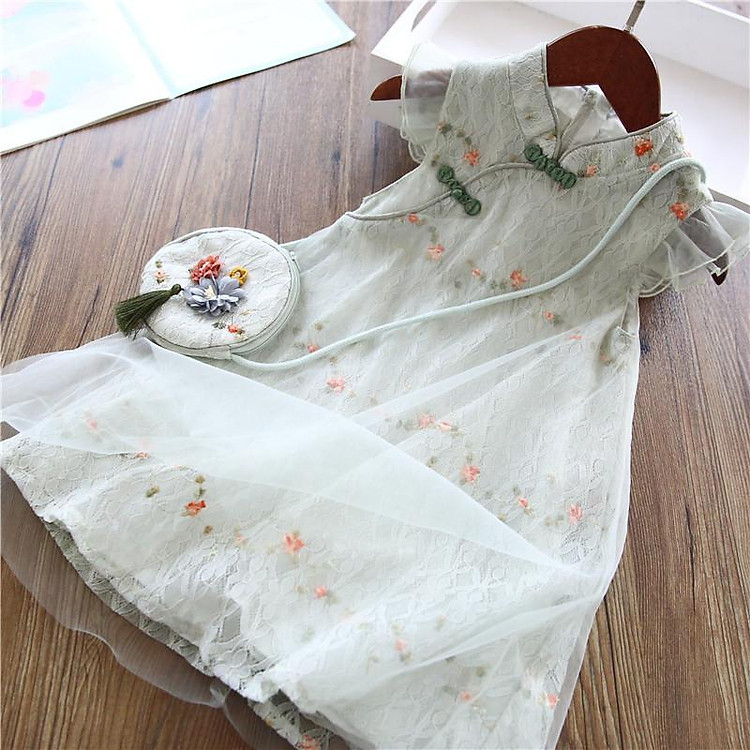 Váy sườn xám cho bé gái phong cách Trung Quốc, Hán phục kiểu công chúa kèm túi thời trang mùa hè cho tre