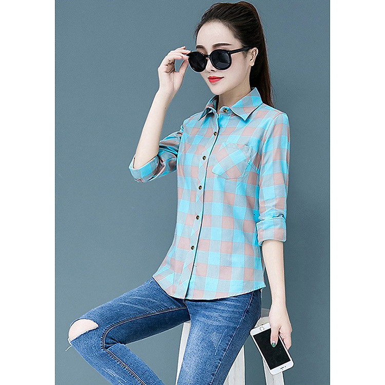 Áo sơ mi nữ công sở 1 túi kẻ caro màu Haint Boutique Sm01