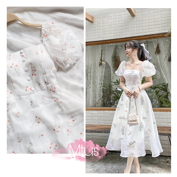 Váy hoa nhí cổ vuông tiểu thư - váy trắng hoa nhí hàn quốc