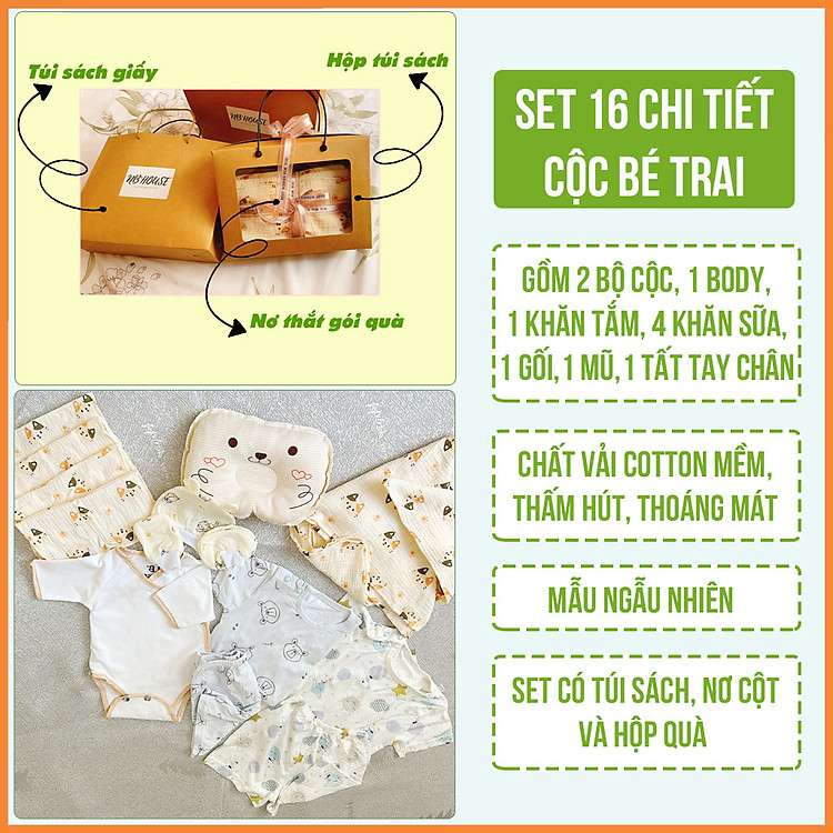 Set quà tặng đồ sơ sinh cotton 18 chi tiết mùa xuân hè thu cho bé trai màu xanh nhạt