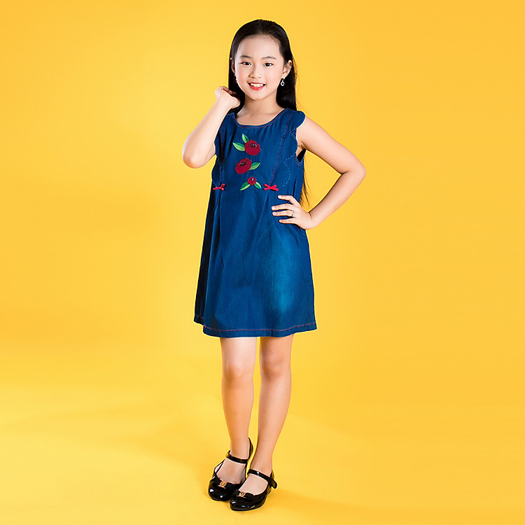Đầm Chữ A Bé Gái V.T.A.Kids 28061022 Xanh Jean Nhạt