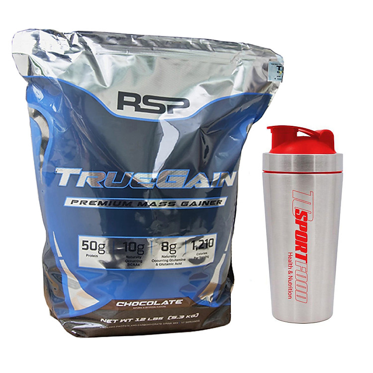 Combo Sữa tăng cân True Gain của RSP hương Chocolate bịch lớn 5.3kg hỗ trợ tăng cân tăng cơ nhanh cho người gầy, kén ăn, khó hấp thu thức ăn tự nhiên & Bình INOX 739 ml (Mẫu ngẫu nhiên)