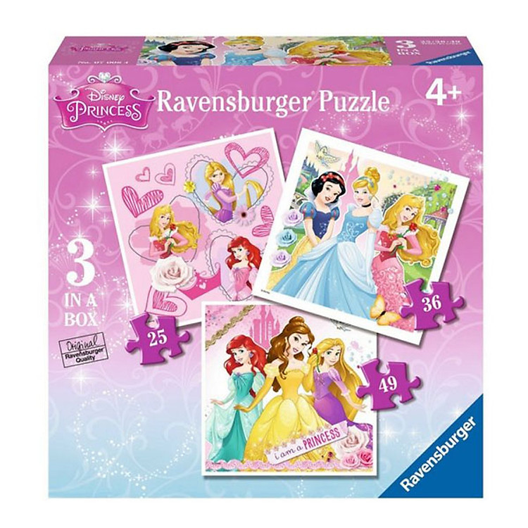 Xếp Hình Puzzle Công Chúa Disney Ravensburger RV07008 4 (3 Bộ 25/36/49 Mảnh)