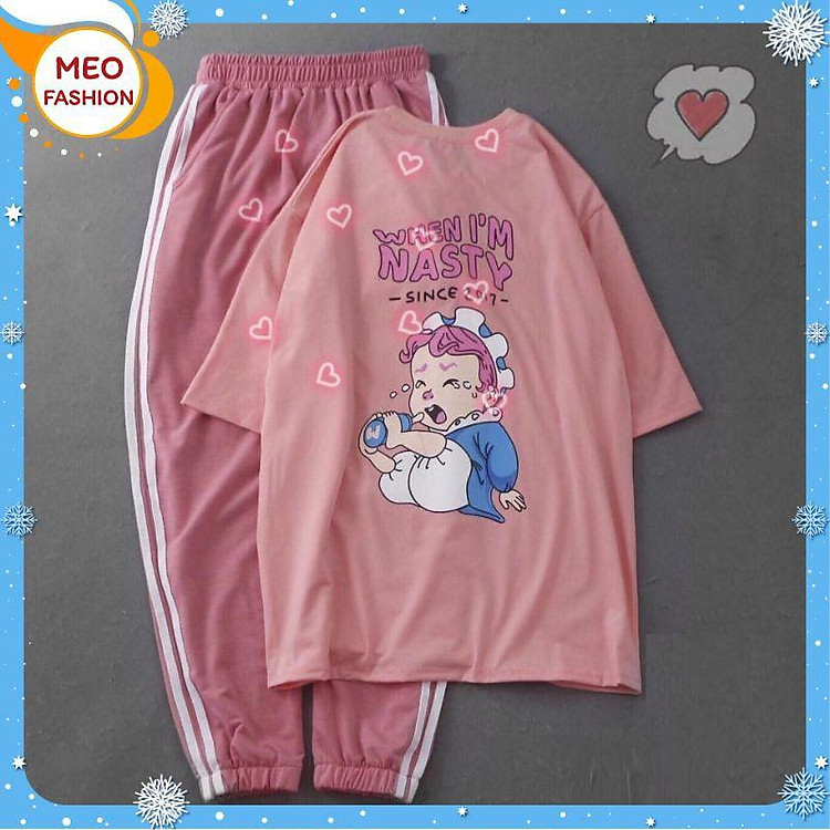 Sét Bộ Đồ Nữ Xinh Dễ Thương, Áo Thun Phông Trắng Ngắn Tay Cổ Tròn In Em Bé Nasty+Quần Thun Sọc Bo Gấu DVGIT