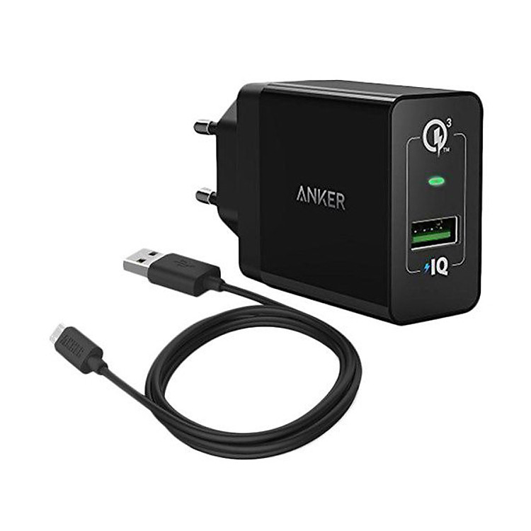 Bộ Adapter Sạc 1 Cổng 18W Anker PowerPort Và Cáp Micro USB 0.9m Hỗ Trợ Sạc Nhanh QC 3.0 - B2013L11 (Đen) - Hàng Chính Hãng