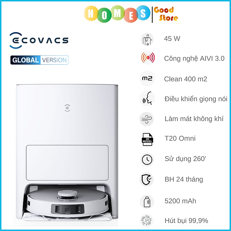 Robot Hút Bụi Lau Nhà Ecovacs T50 Pro Omni 15.000 Pa Tự Pha Nước, Giặt Nước Nóng, Vệ Sinh Khoang Giặt - Hàng Chính Hãng