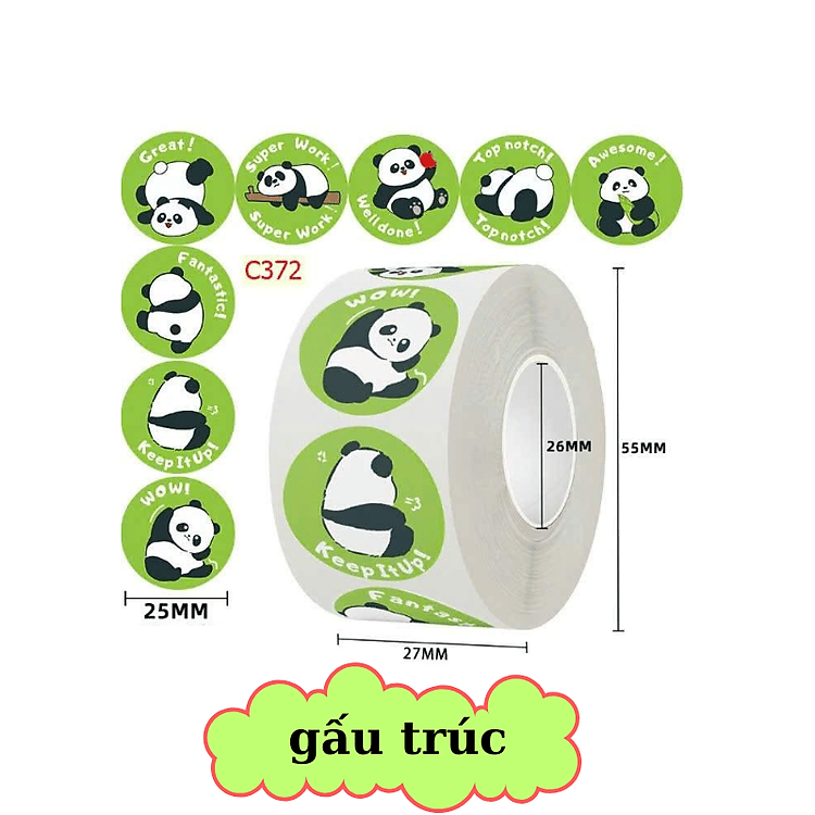 Set 5 Cuộn 500 miếng dán hình gấu trúc, kitty, capybara dễ thương, cuộn sticker hoạt hình DIY trẻ em khen thưởng