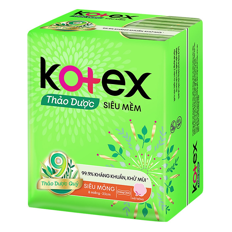 Băng Vệ Sinh Kotex Thảo Dược Siêu Mềm Không Cánh (Gói 8 Miếng)