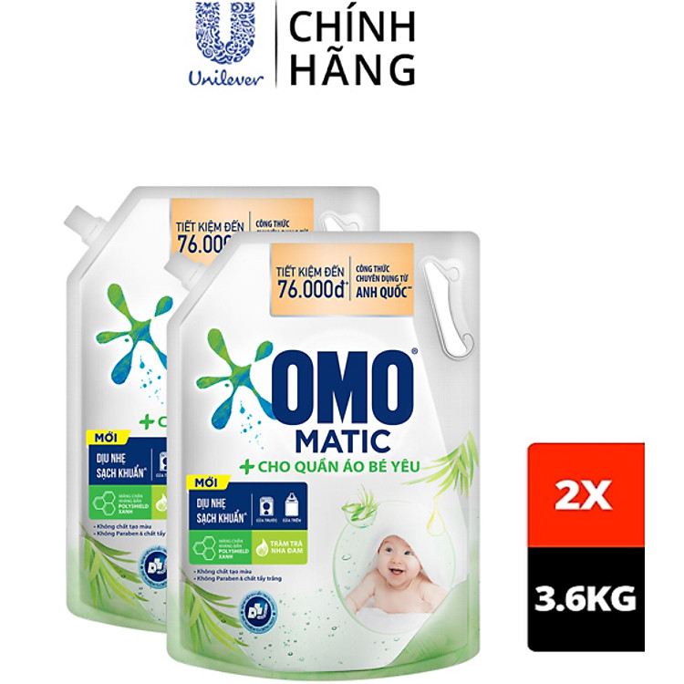 Combo 2 Túi Nước Giặt Omo Matic Cho Quần Áo Bé Yêu Chiết Xuất Tràm Trà Và Nha Đam Dịu Nhẹ 3.6KG