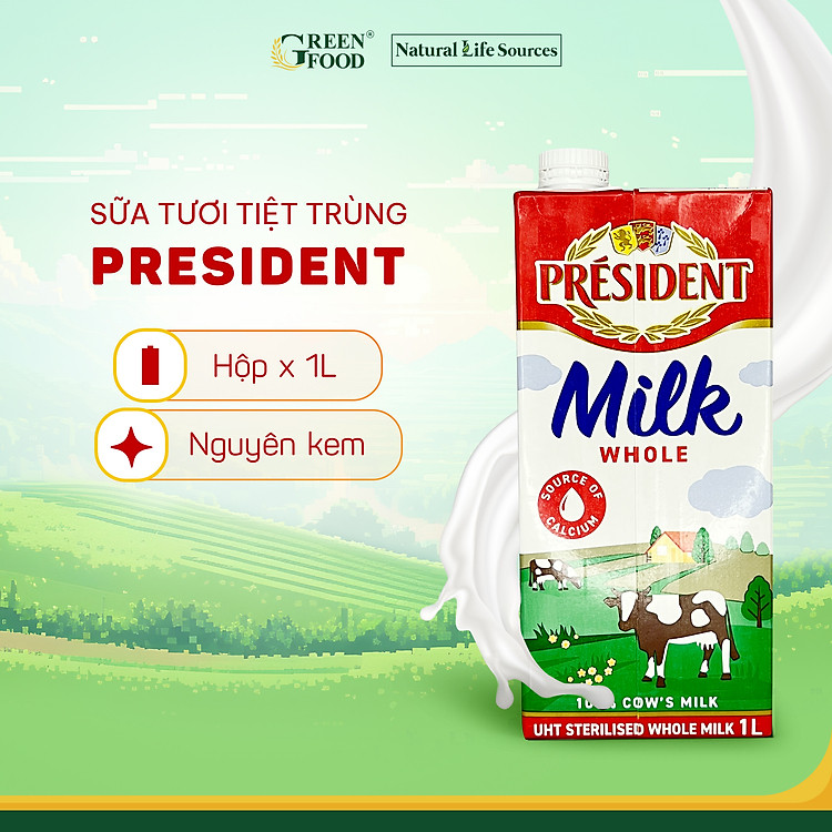 Thùng 6 Hộp Sữa Tươi Tiệt Trùng President Nguyên Kem 1L - Độ Béo 3.6%, Không Đường,nhập khẩu từ Pháp