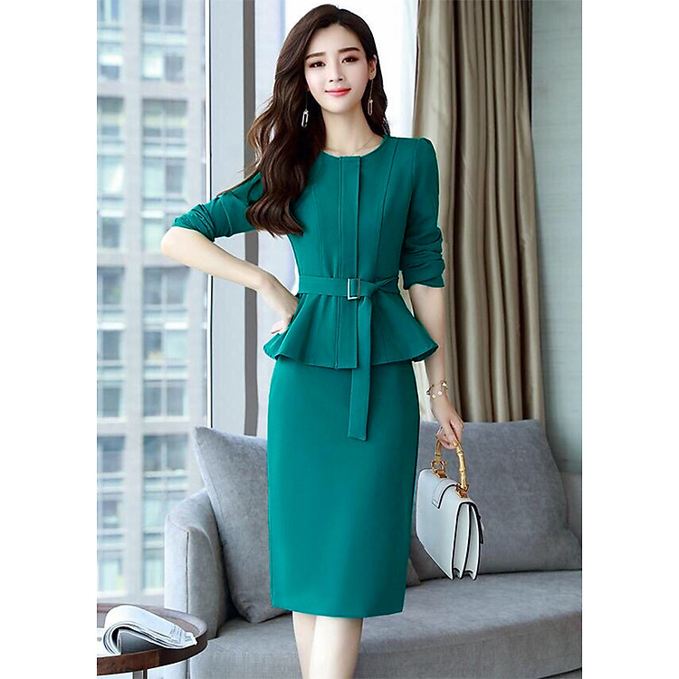 Set bộ áo khoác chân váy bút chì kiểu set bộ công sở peplum kèm thắt lưng S3036