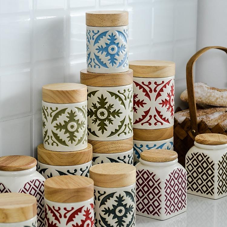 Hũ gốm sứ thổ cẩm Vintage phong cách Bắc Âu sử dụng đựng muối, đường, hạt, cafe, trà, dùng làm quà tặng, quà cưới, set gia đình