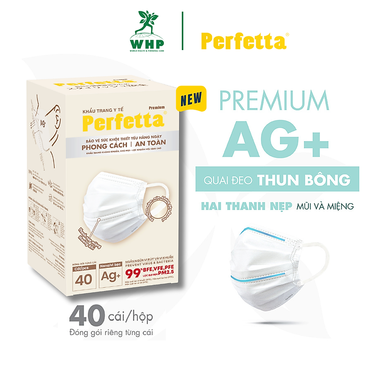 Khẩu Trang Y Tế Cao Cấp Chuẩn Nhật Bản Perfetta Premium AG+, 2 Thanh Nẹp Thông Thoáng (40 cái/hộp)