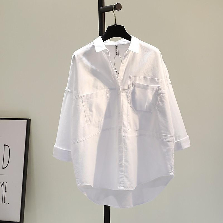 Áo sơ mi nữ chất đũi form rộng trễ vai 2 túi ốp ngực , thời trang phong cách Hàn