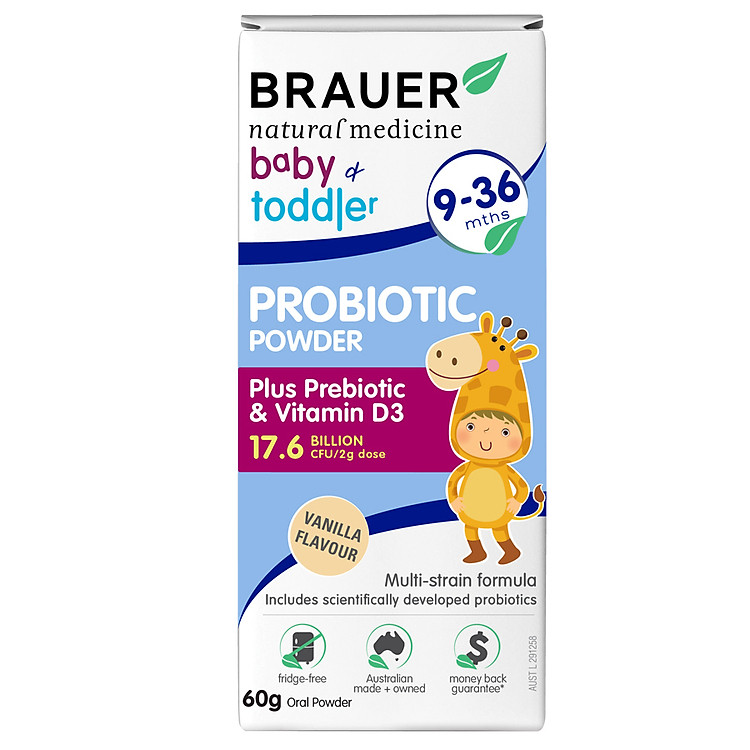 Men vi sinh Brauer Úc dạng bột dành cho trẻ từ 9-36 tháng tuổi 60g + Tặng khăn Cotton xuất khẩu