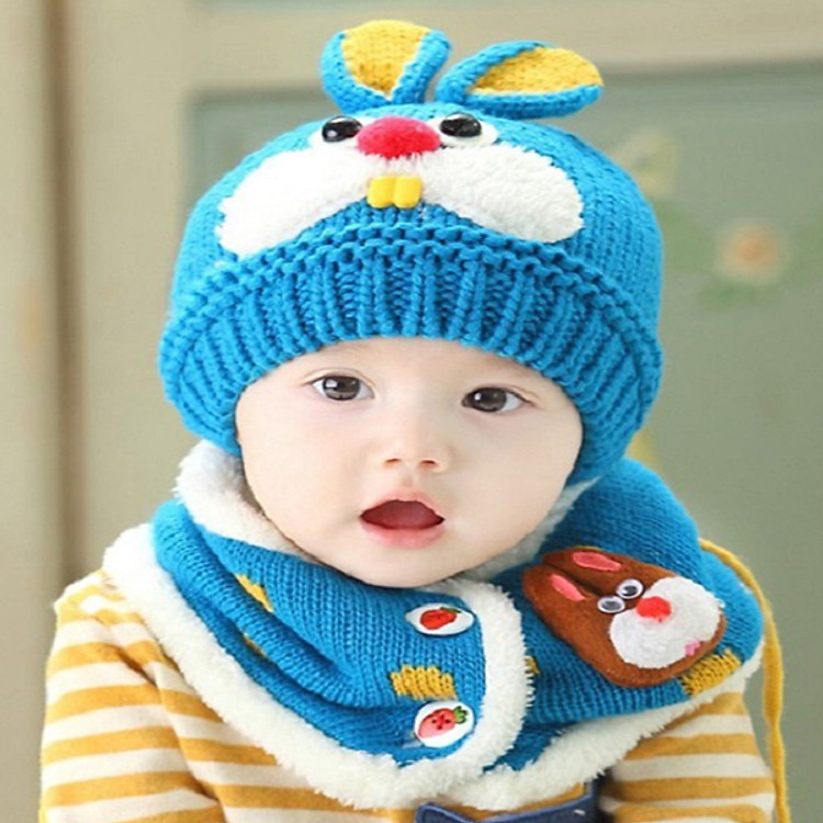 Bộ mũ và khăn len tai thỏ cho bé